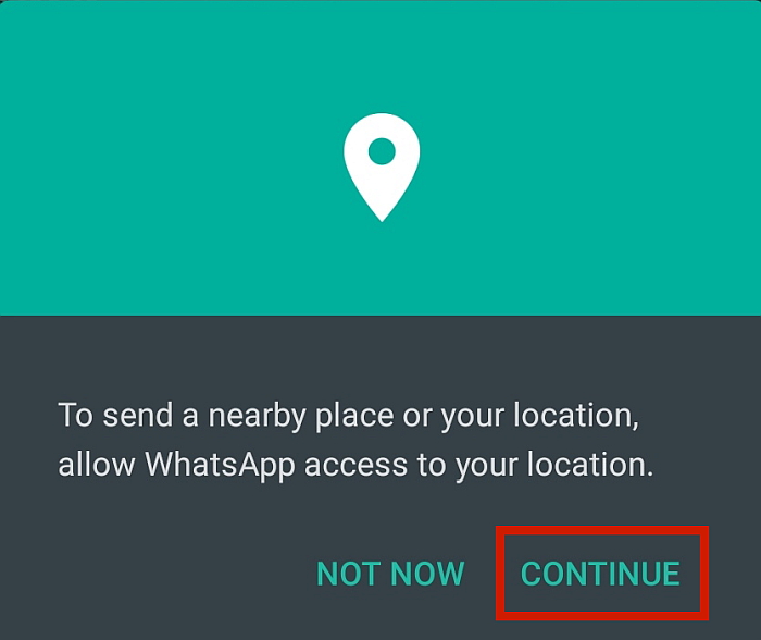 계속 버튼이 강조 표시된 위치 액세스에 대한 Whatsapp 경고