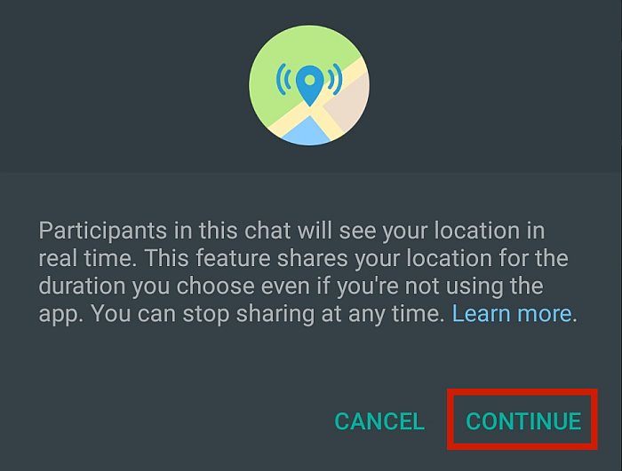 계속 버튼이 강조 표시된 실시간 위치 공유에 대한 Whatsapp 경고