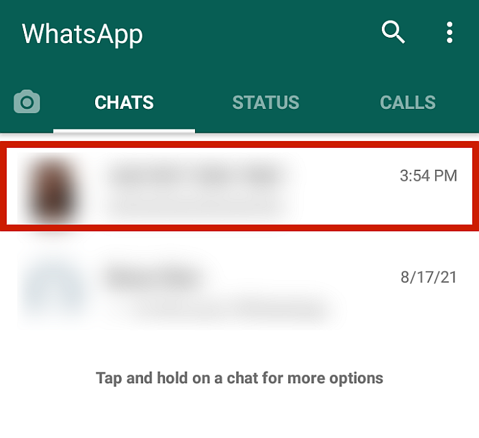 채팅 상자가 강조 표시된 Whatsapp