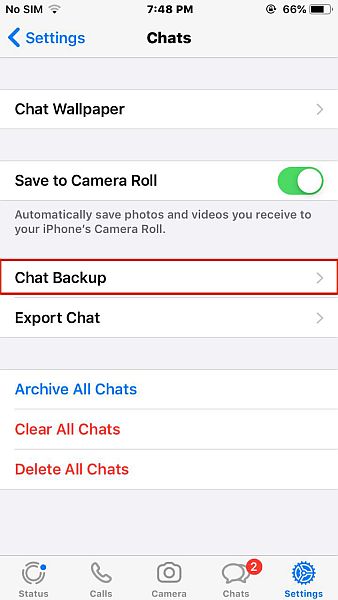 Instellingen voor WhatsApp-chats met de optie voor back-up van chats gemarkeerd