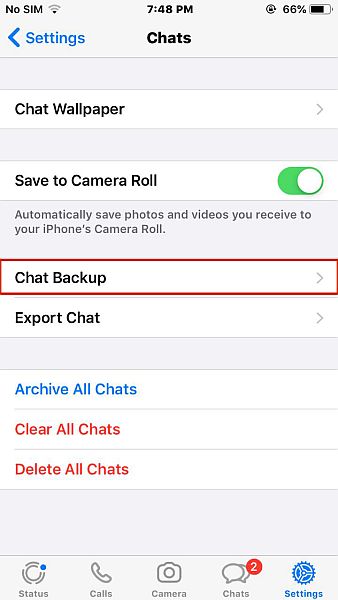 إعدادات محادثات Whatsapp لأجهزة iphone مع تمييز خيار النسخ الاحتياطي للدردشة