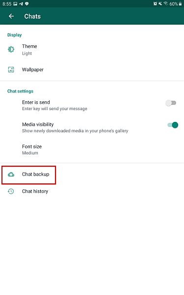Whatsapp-chatinstellingen met de optie voor back-up van chats gemarkeerd
