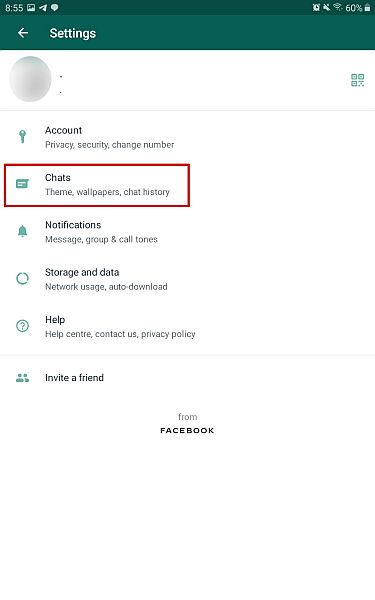 Whatsapp voor Android-instellingenpagina met de chatoptie gemarkeerd