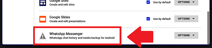 Google Drive - 管理应用页面 - WhatsApp Messenger 媒体备份选项