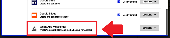 Google Drive - Página Administrar aplicaciones - Opción de copia de seguridad de medios de WhatsApp Messenger