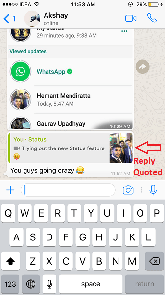 WhatsApp-Statusantwort im persönlichen Chat zitiert