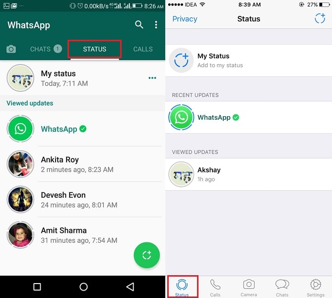 WhatsApp-Status-Update auf iPhone Android