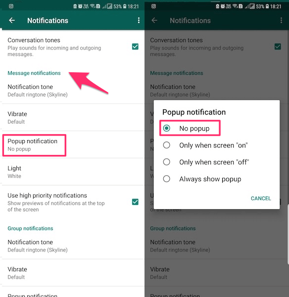 Notifications contextuelles WhatsApp