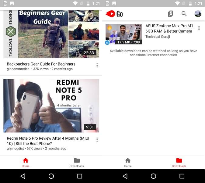 YouTube Go 대 YouTube - 기능