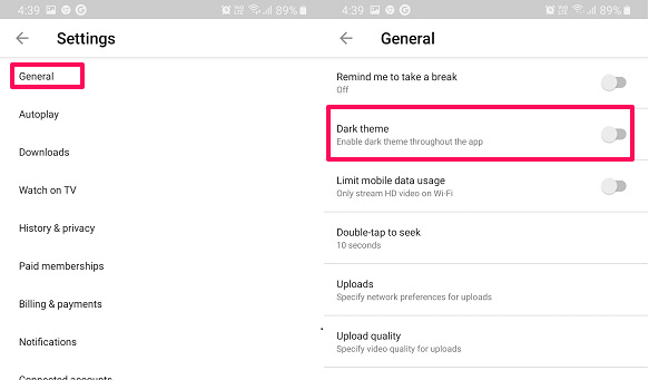 Android 上的 Youtube 深色主題
