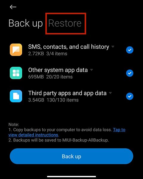 Onglet Restaurer dans les paramètres du téléphone Android