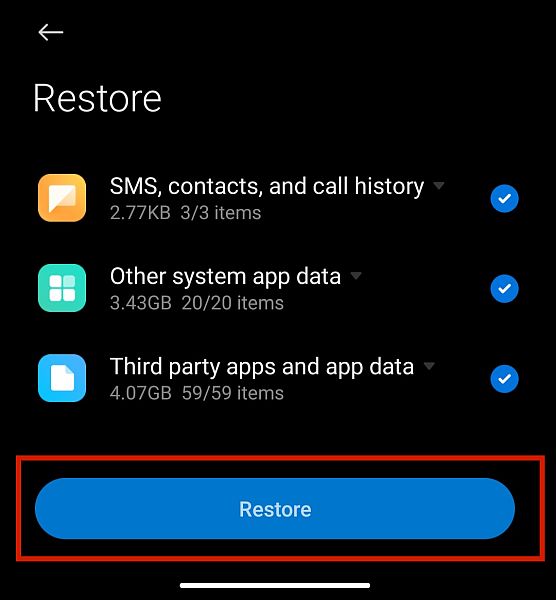 Éléments choisis pour la restauration dans le téléphone Android