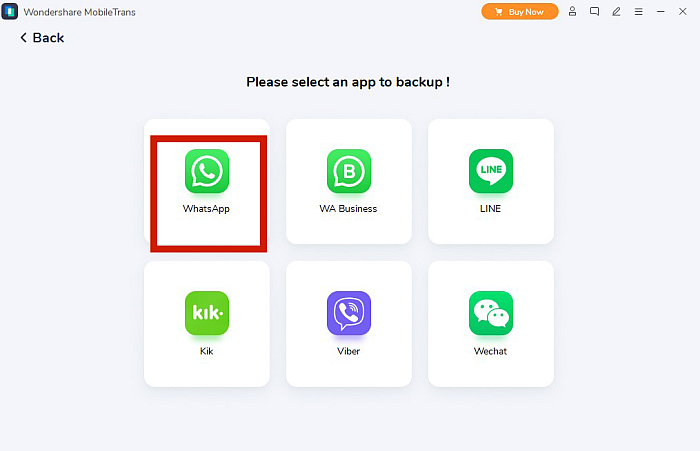 Appvalgvindu for mobiletrans backup og gjenopprettingsfunksjon