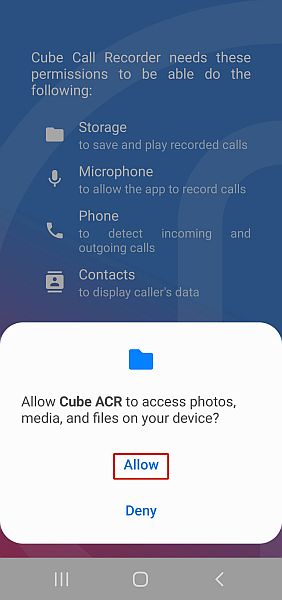 Udělení oprávnění k přístupu ke složce médií pro Call Recorder - Cube ACR