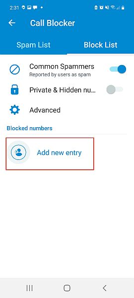 Callapp call blocker feature showing an block list tab with the add new entry button highlighted