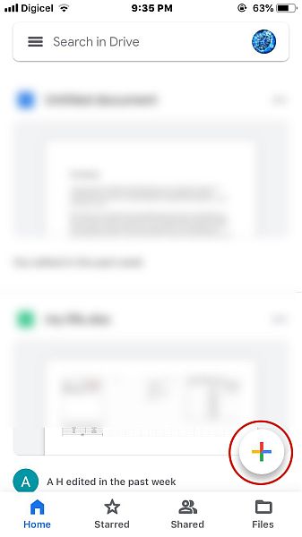 Google drive -aloitusnäyttö plus-kuvake korostettuna