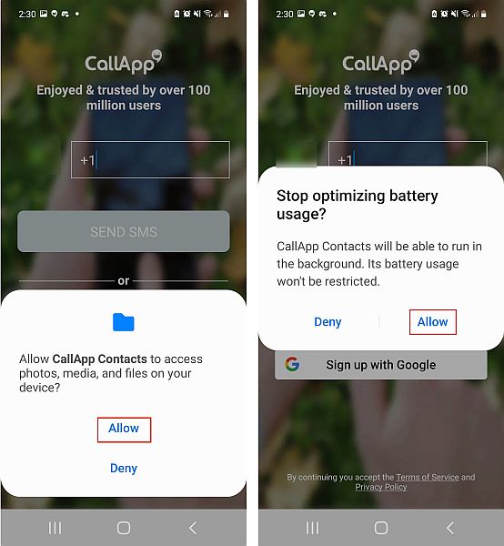 Setting callapp access permissions in samsung phone