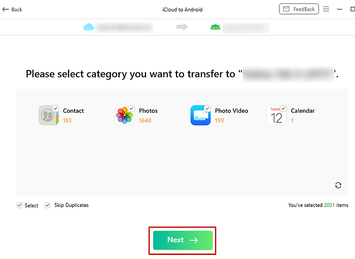 AnyDroid iCloud til Android overførsel UI