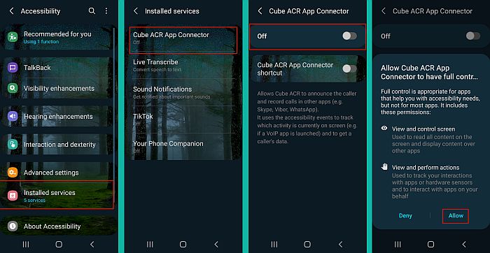 Zapnutí dostupnosti telefonu pro Call Recorder - Cube ACR