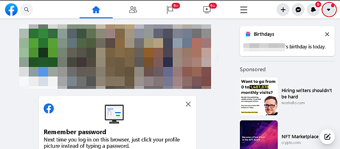 Die Kontoschaltfläche in Facebook auf dem Desktop