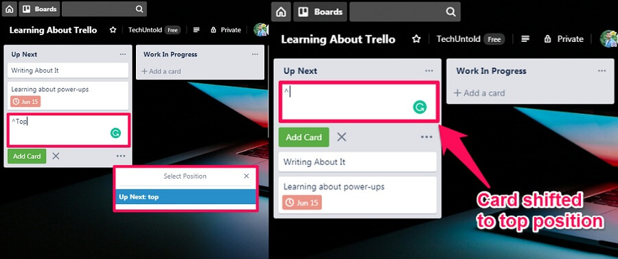 Trello tastatursnarveier - autofullføringsposisjon