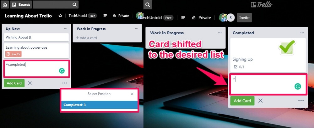 Snarvei i Trello - autofullfør posisjon for å flytte kort til en annen liste