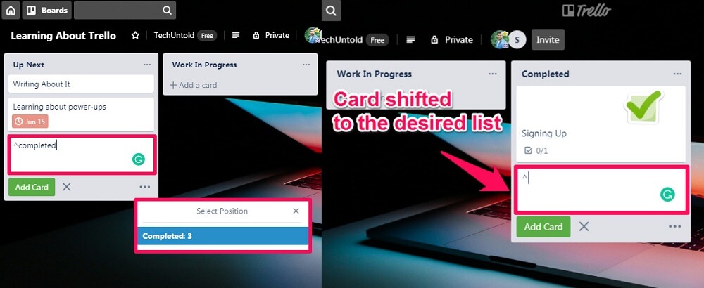 Trello 中的快捷方式 - 自动完成位置以将卡片重新定位到另一个列表