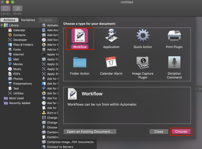 automator: Selecione Workflow e clique em Escolher