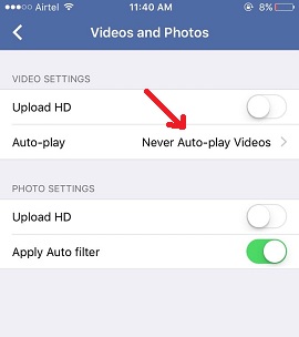 FacebookiPhoneの自動再生フィルターオプション