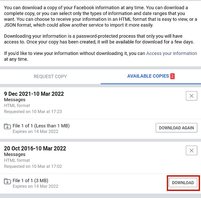 Registerkarte „Verfügbare Kopien“ auf der Seite „Informationen herunterladen“ im Facebook-Messenger