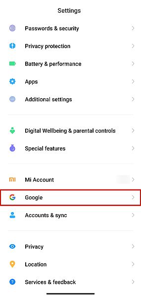 Menu Google dans les paramètres du téléphone Android