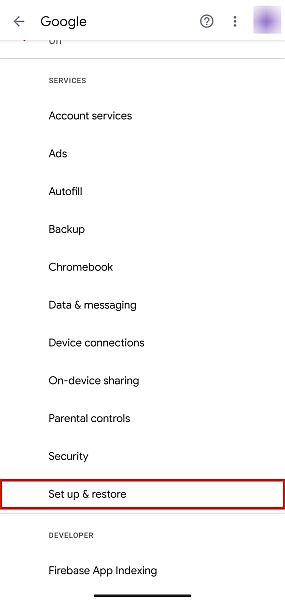 Onglet Services Google dans Android avec l
