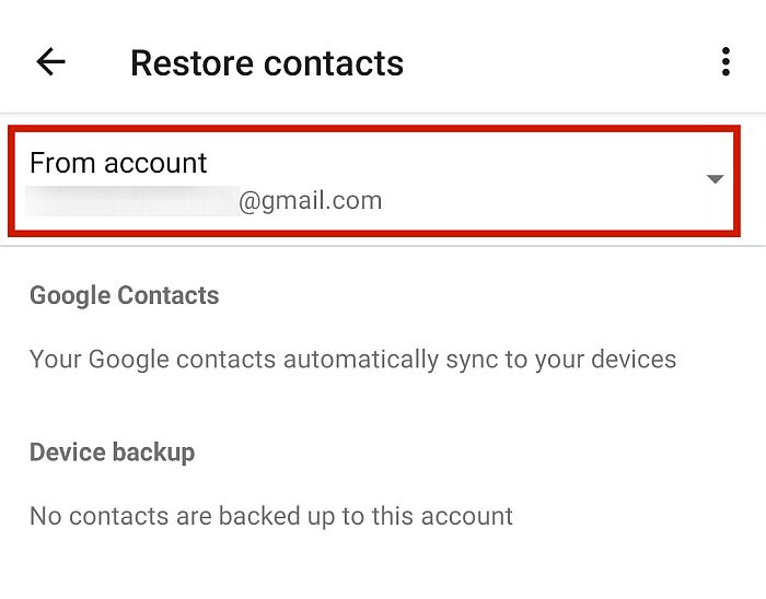 Sélection du compte Google où les contacts ont été sauvegardés