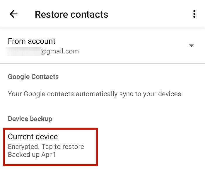 Restauration des contacts du compte Google sur l