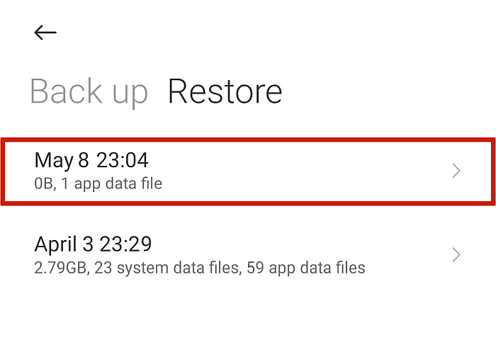 具有可用备份选项的 Android 还原屏幕进行还原
