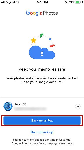Googe Photos suojattu varmuuskopiokyselynäyttö
