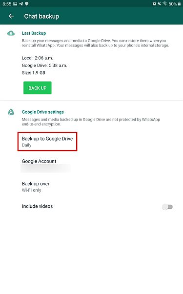 Whatsapp Chat-back-upinstellingen met de back-up naar Google Drive-optie gemarkeerd