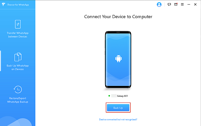 Página de dispositivo conectado iTransor com botão de backup realçado