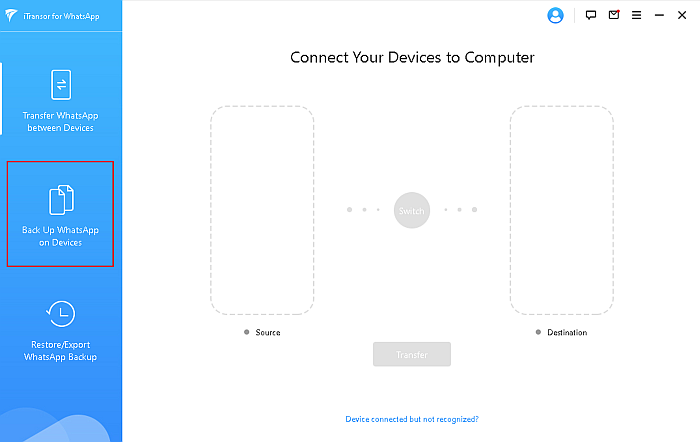 iTransor Backup do WhatsApp na guia Dispositivos