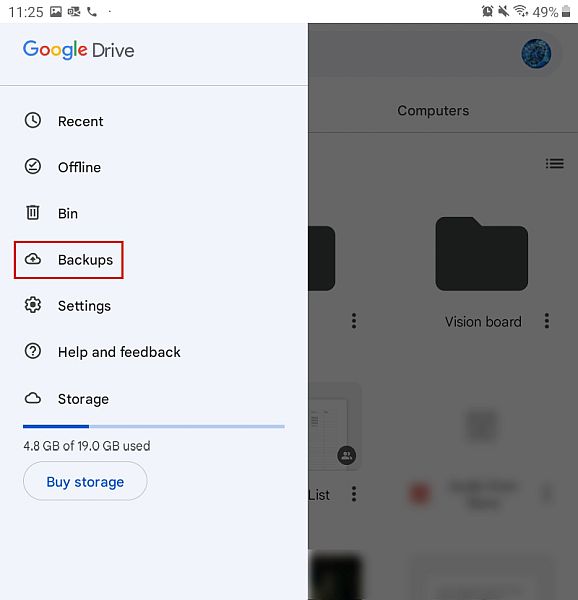Menu da barra lateral do Google Drive no Android