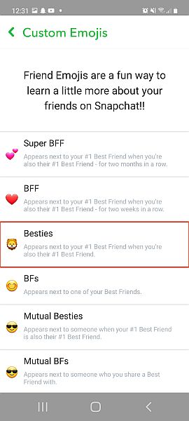 Scheda delle impostazioni emoji personalizzate di Snapchat