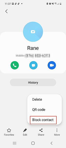 Contact information screen in a samsung smartphone showing more action options and the block contact option highlighted