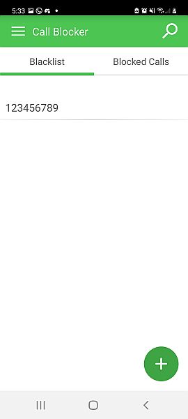 Call blocker app blacklist showing a listed phone number