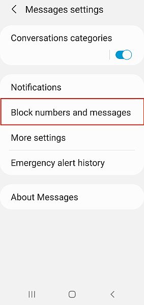 تم تمييز إعدادات رسائل Samsung مع حظر الأرقام وخيار الرسائل