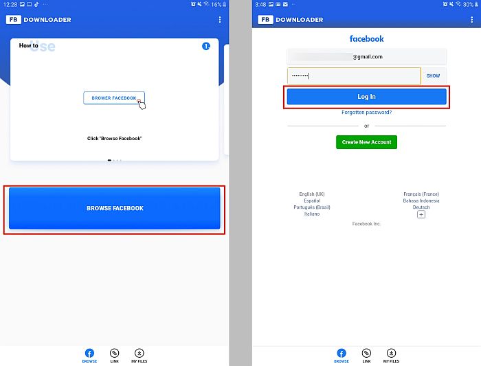 Bejelentkezés a Facebookra az Android Video Downloader for Facebook alkalmazásában