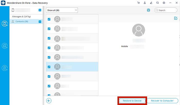 Vérification des éléments spécifiques pour la récupération dans Dr. Fone sur votre appareil