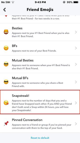 علامة تبويب الرموز التعبيرية المخصصة من Snapchat لـ iPhone مع تمييز خيار snapstreak