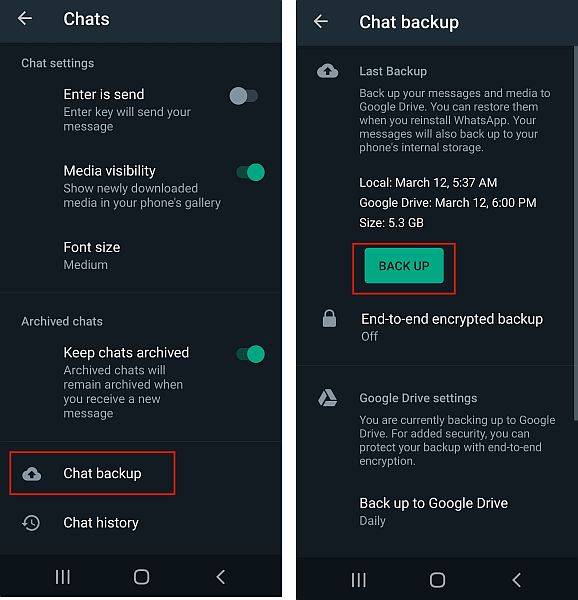 Impostazioni della chat di Whatsapp e impostazioni di backup della chat di Whatsapp