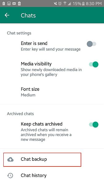 WhatsApp-Chat-Einstellungen mit hervorgehobener Chat-Backup-Option