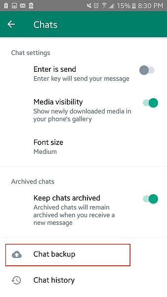 突出顯示聊天備份選項的 Whatsapp 聊天設置